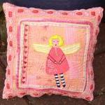 Hand Embroidered Art Pillow. Folk Art Love Angel