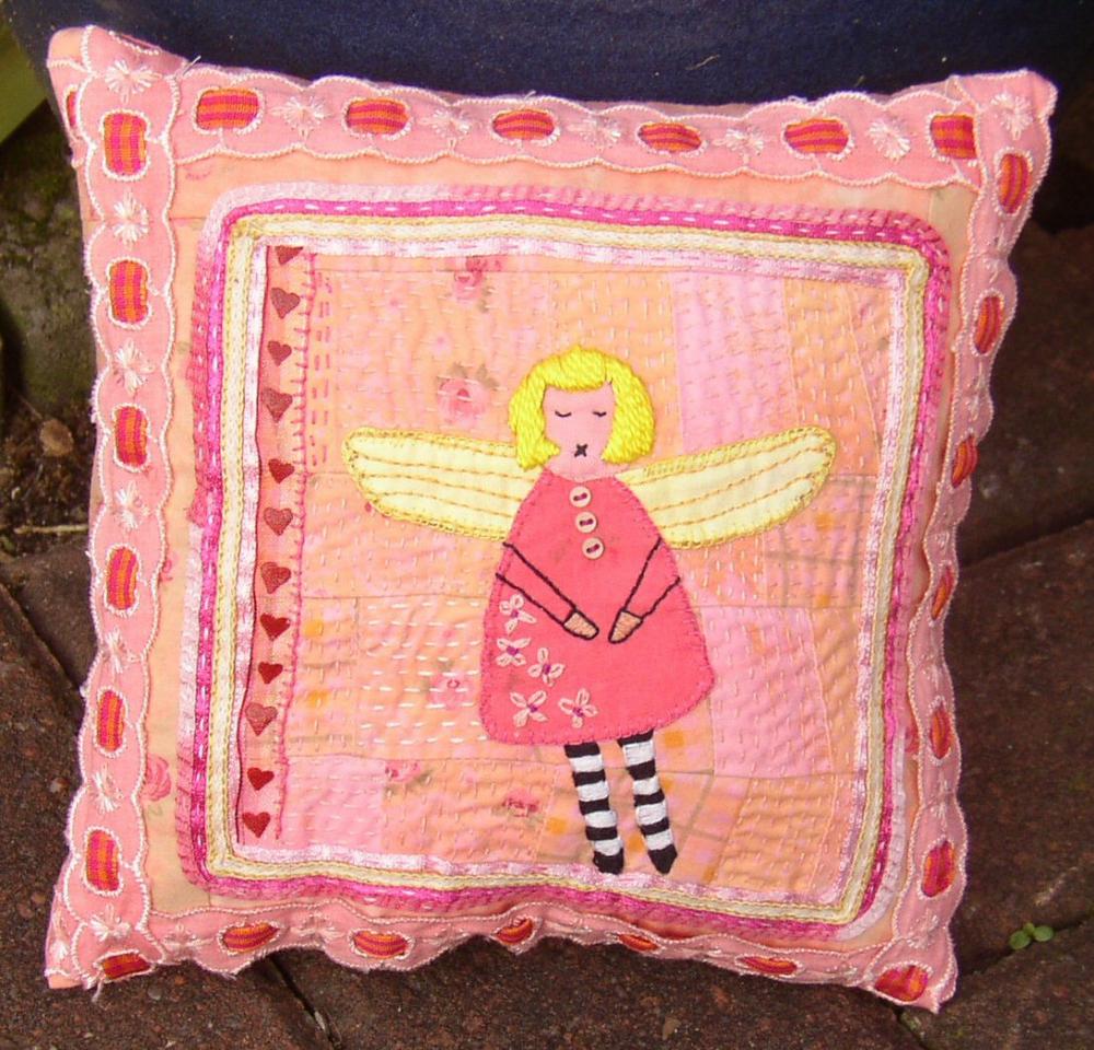 Hand Embroidered Art Pillow. Folk Art Love Angel